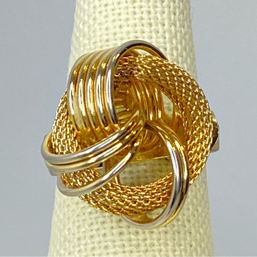 Vintage Spiral Knot Mesh Ring Gold Tone Dimensional Adjustable Band Retro Weave